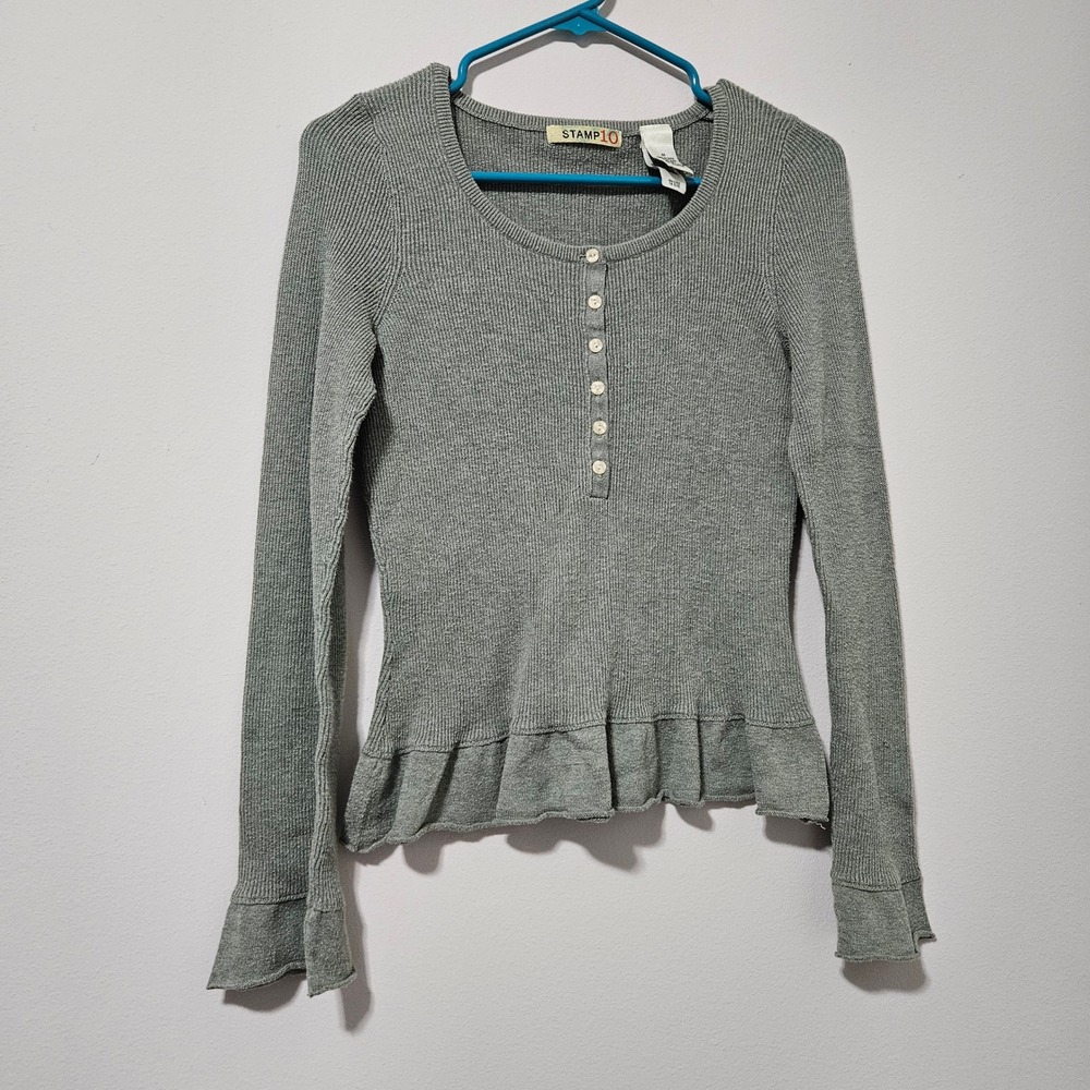 Stamp 10 Y2K‎ Womens Henley Gray Ribbed Knit Peplum Top Long Sleeve Size Medium